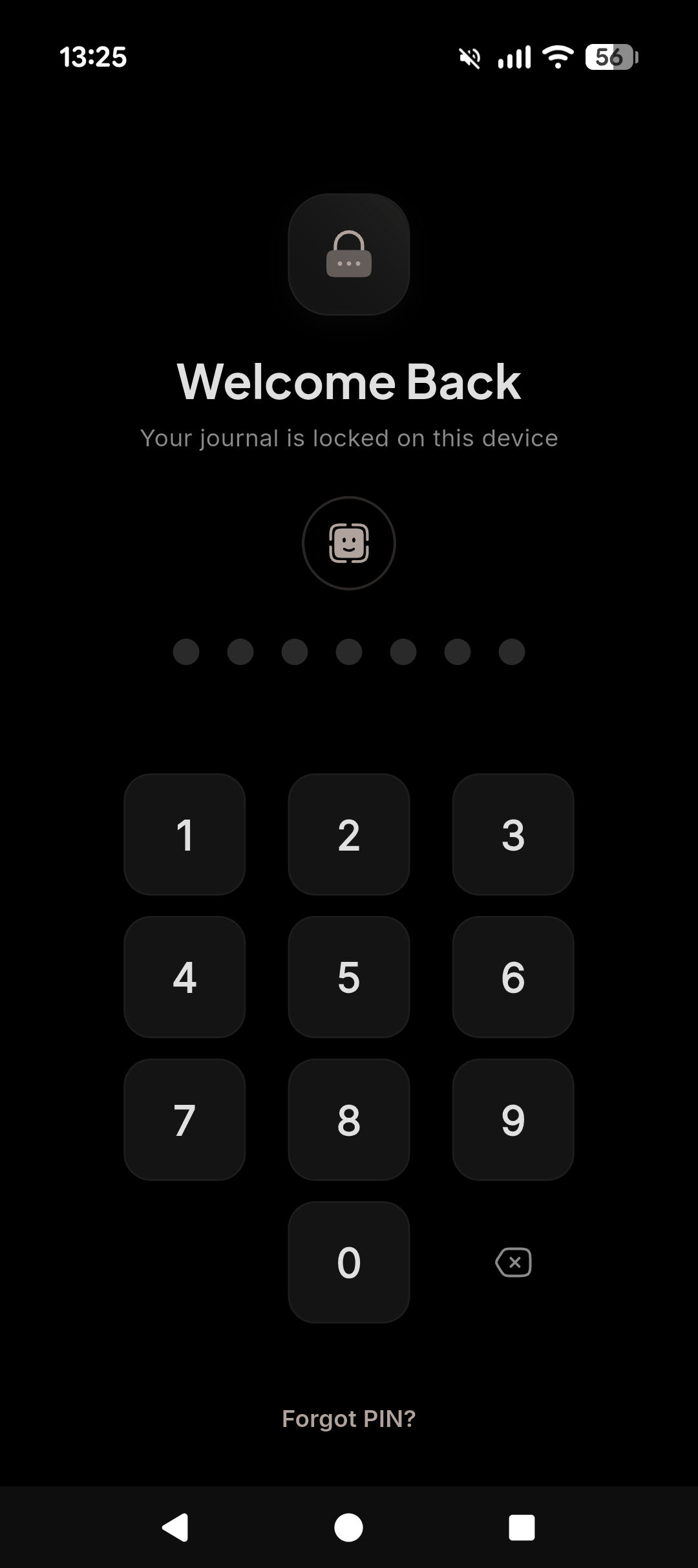 PIN unlock screen — Welcome Back, your journal is locked on this device