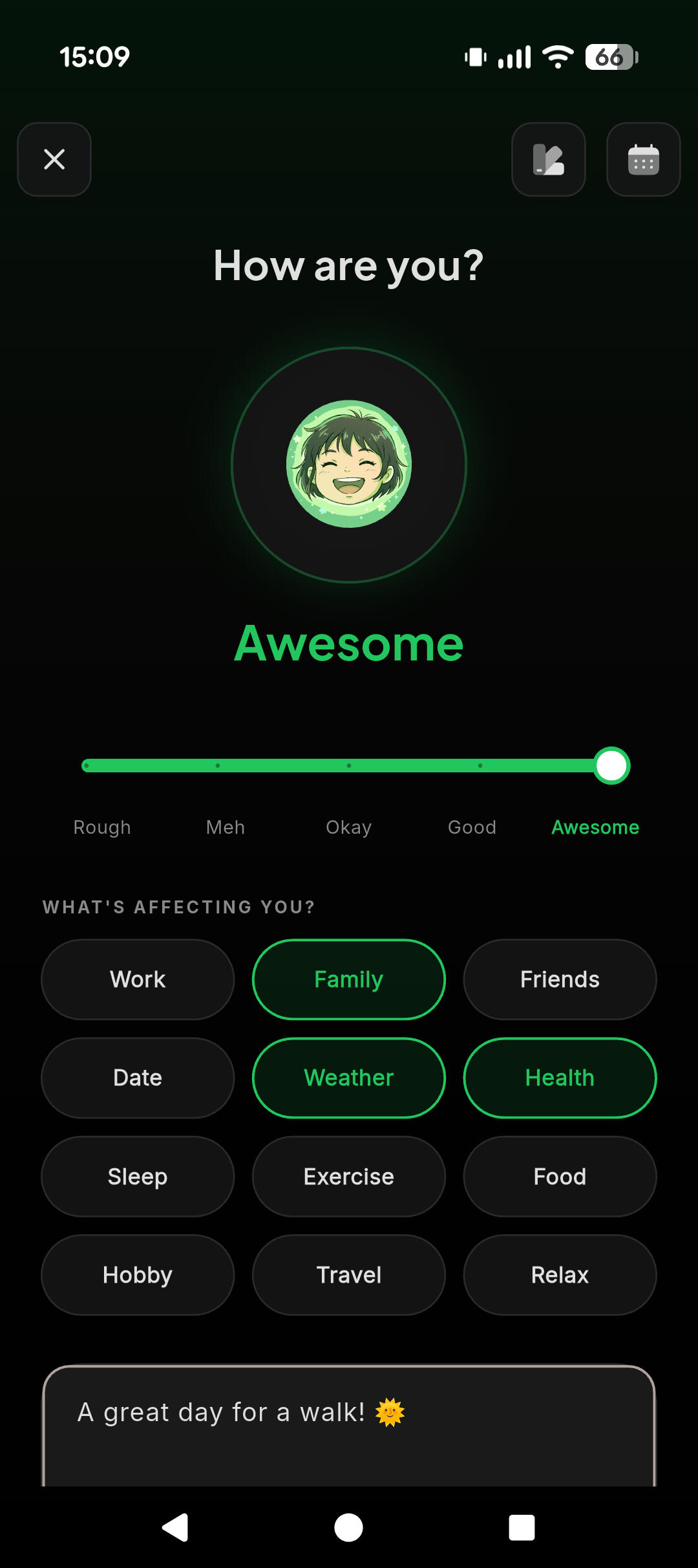 Mood tracker — How are you? Awesome mood with affecting tags