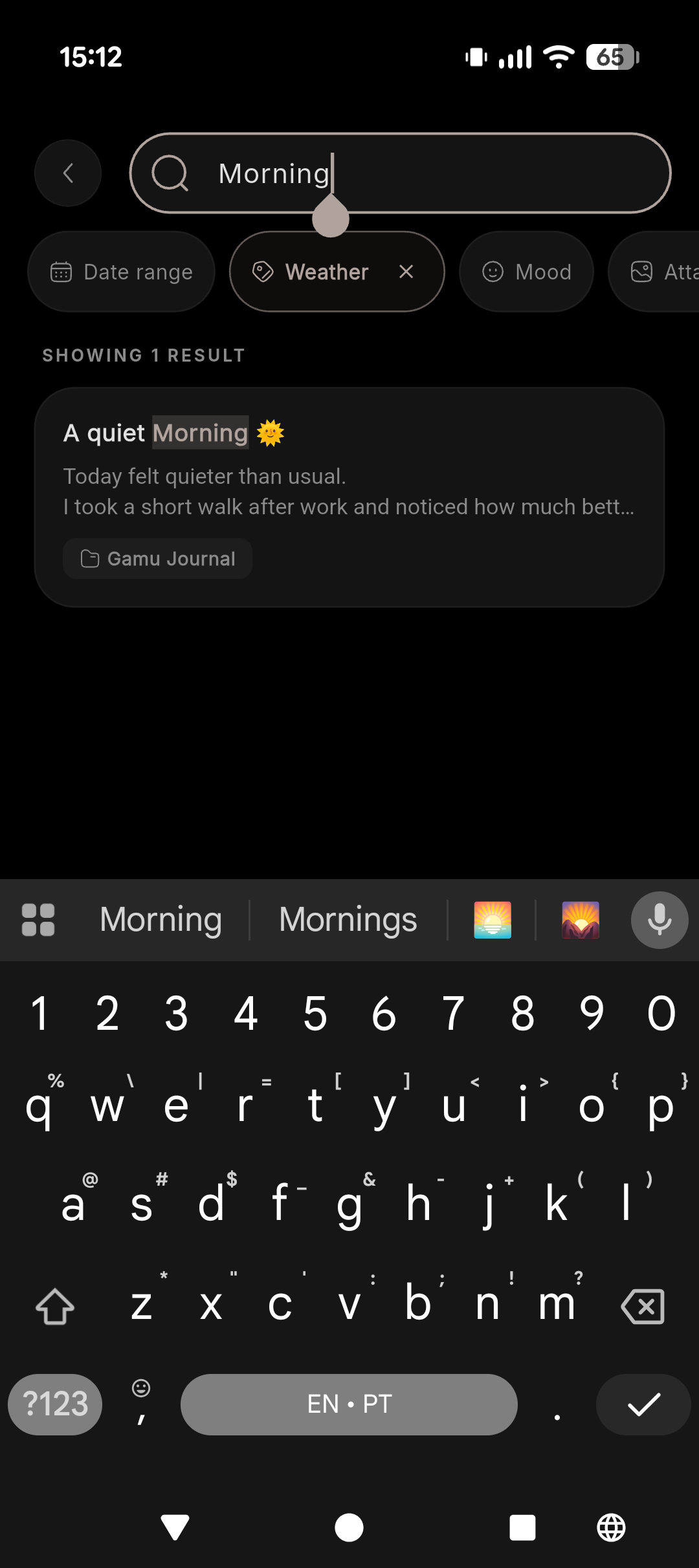 Search entries by keyword, weather, mood and attachments